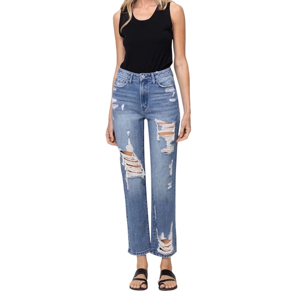 Flying Monkey Goodbye Super High Rise Tattered Ankle Ripped Straight Jeans